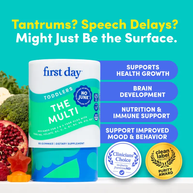 First Day Toddler Multivitamin Gummies Ages 2-3, 21 Organic Superfoods, 10 Essential Nutrients, Choline + Vitamin D3 + B12, Strawberry Orange Flavor, Vegan, Non-GMO, No Junk
