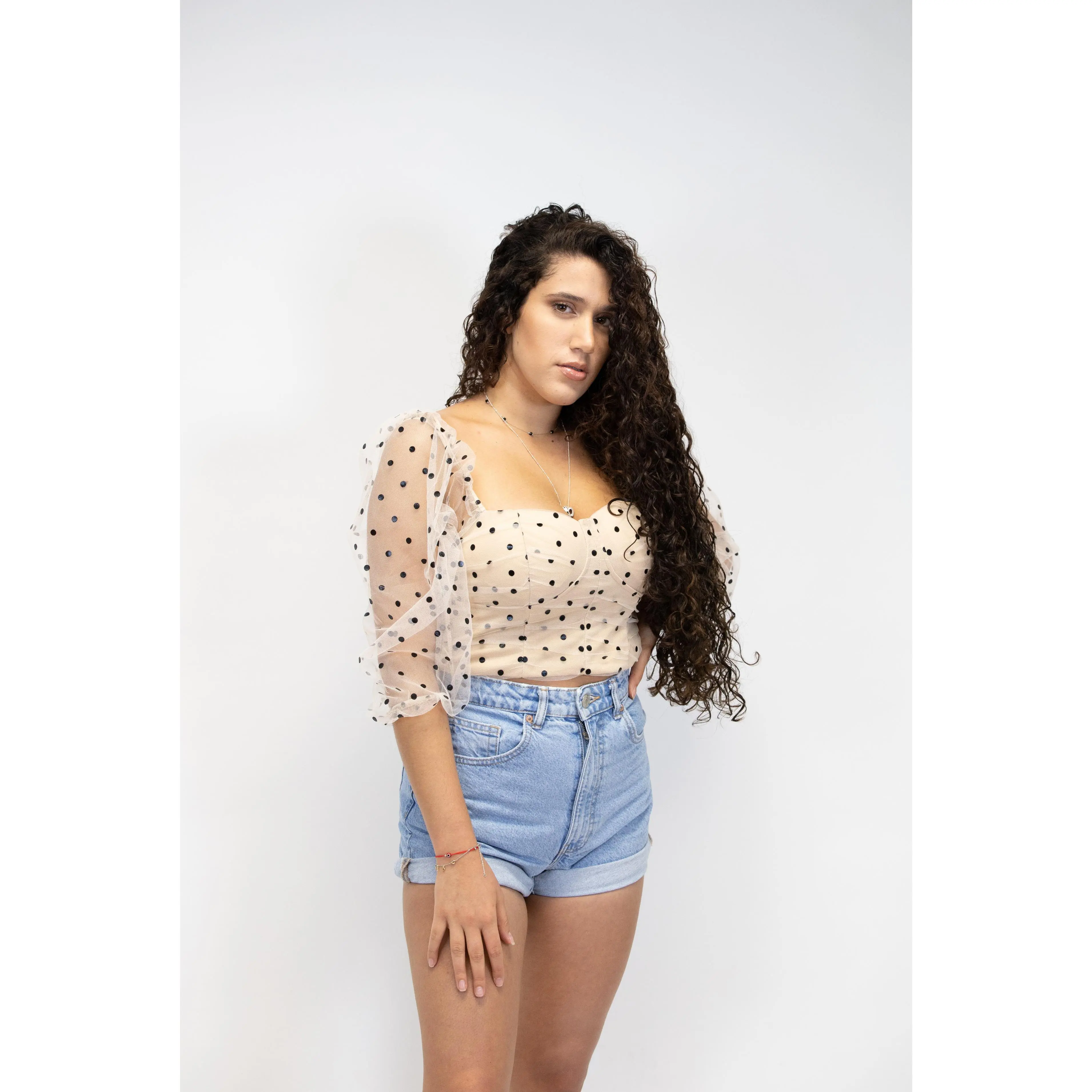 Mery Top with Polka Dots and Mesh Design Mery Top with Polka Dots and Mesh Design