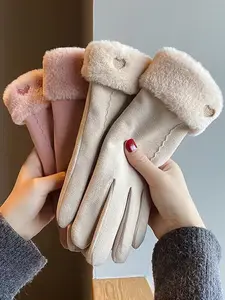 Women's Winter Warm Fleece Gloves, Cute Cycling Windproof Touchscreen Five-Finger Plush Mitts, Cold Weather Hand Protection