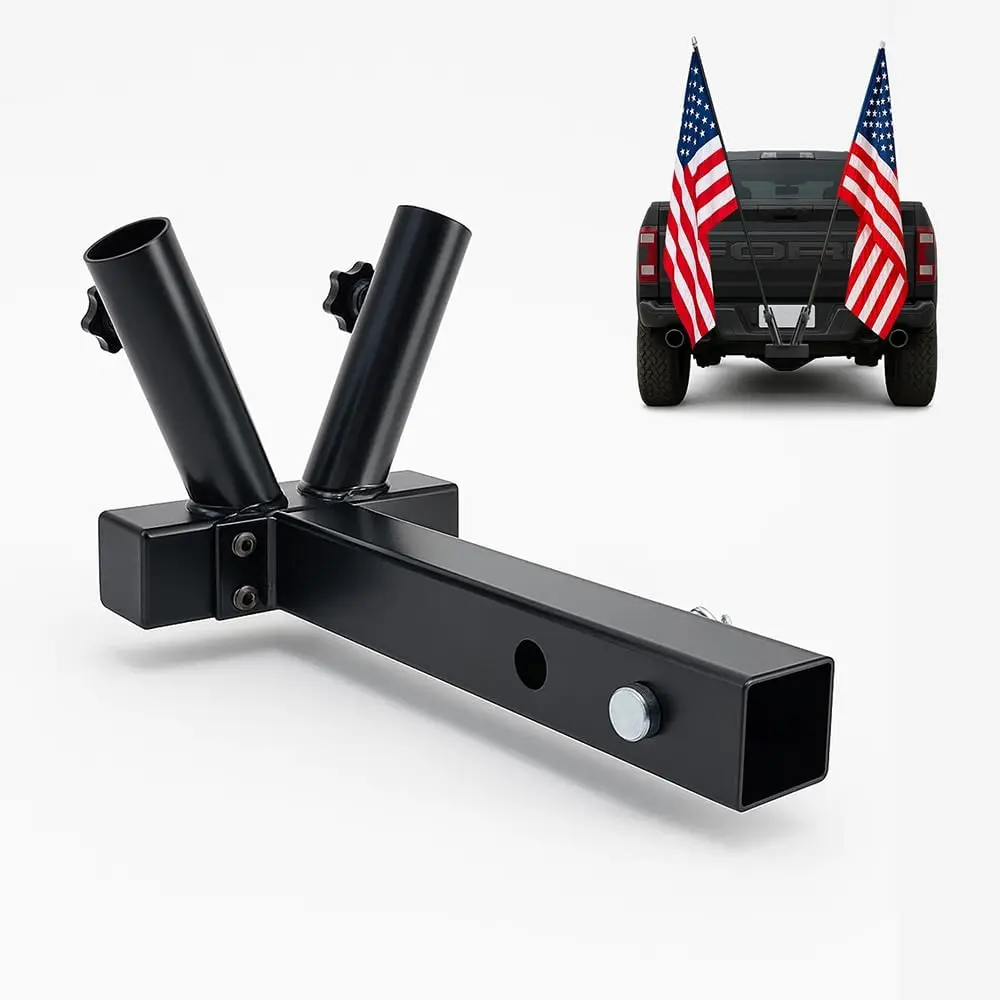 Double Hitch Flag Pole Holder for Truck, Fits Standard 2" Trailer Hitch, RV Flagpole Kit, Car Receiver Flag Pole Mount, Compatible with Jeep, RV, Camper, SUV, Pickup