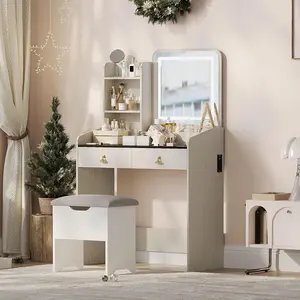 【Christmas Gift】Vanity Desk with Mirror Lights and Charging Station Modern Vanity Set with Storage Stool Drawers and Cabinet Padded Ottoman Bedroom Dressing Table White+Black Tabletop