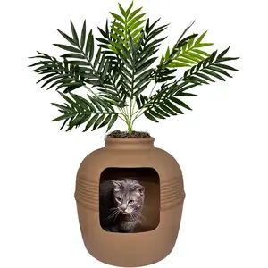 Enclosed Cat Litter Box with Decorative  Plant
