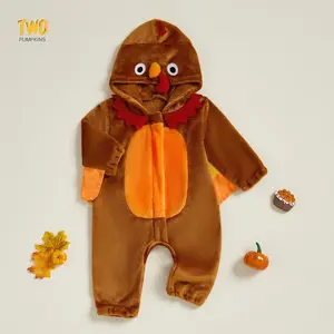 Baby Turkey Costume For Boys Girls Long Sleeve Plush Hooded Jumpsuit Thanksgiving Day Toddler Romper