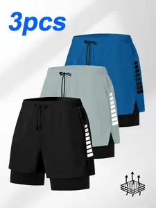3-Pack Men's 2 in 1 Double Layer Shorts Casual Elastic Waist Pocket Track Shorts for Summer Breathable Men's Bottoms for Gym Workout Training Athletic Shorts with Drawstring Closure and Ombre Pattern Mesh Casual Sports Shorts summer gym workout training q