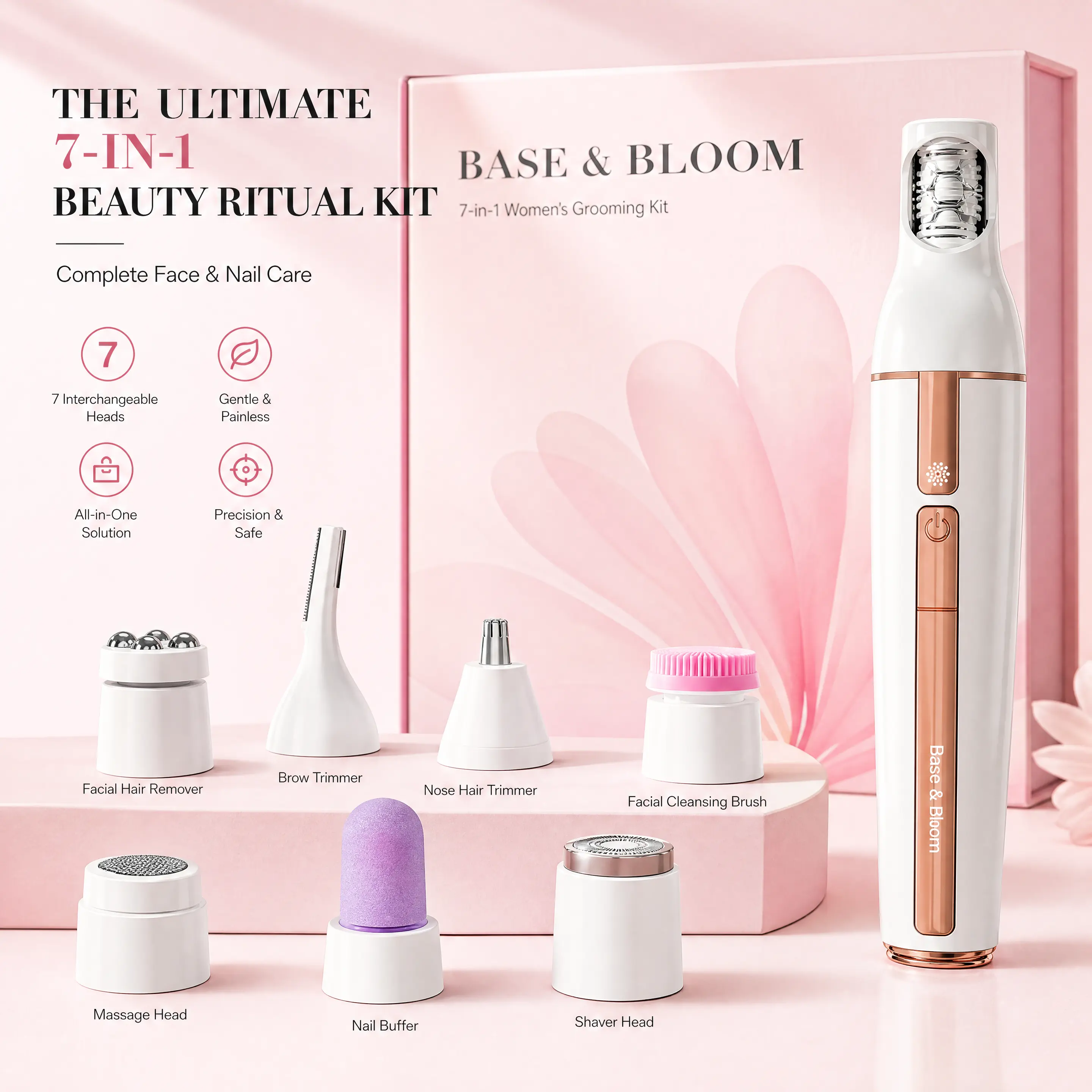 Base & Bloom 7-in-1 Hair Remover & Facial Care Kit - Painless Eyebrow Trimmer, Face Cleansing Brush & Massager, Dermaplaning Wand for Women