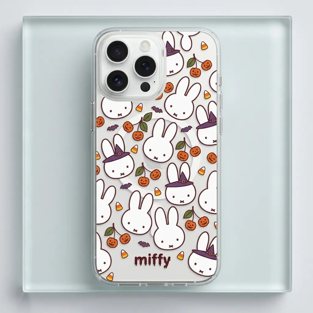 Miffy Halloween Clear Case for iPhone 11-17 Pro Max, Cute Kawaii Witch Bunny Pumpkin Transparent MagSafe Cover, Soft Girl Pink Blossom Puppy Case, Compatible with iPhone 11 12 13 14 15 16 17 Air Series, Slim Shockproof Protective Case, Gift for her