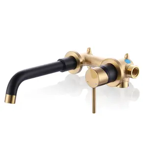 Wall Mount Bathroom Faucet -Black and Gold Bathroom Sink Faucet - Single Handle Vanity Faucet - Swivel Spout Basin Faucet with Rough-in Valve