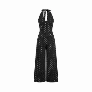 Cider Cotton-blend V-neck Polka Dot Backless Straight Leg Jumpsuit