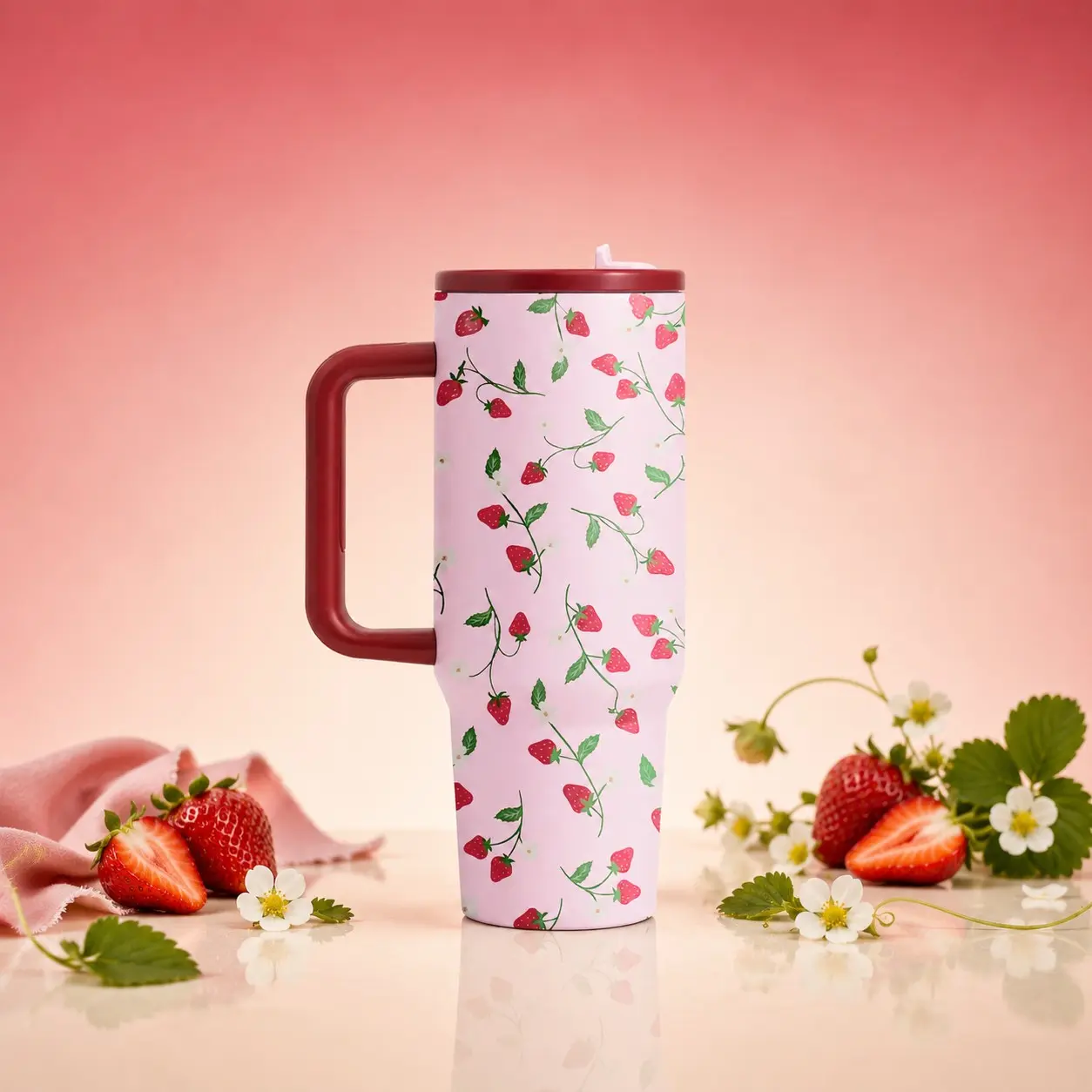 40oz Strawberry Floral Insulated Cup, Tumbler, Girl Style, Large Capacity, Double Layer Vacuum Stainless Steel, Leak-Proof, 12h Hot, 24h Cold, Summer Picnic, Office, Travel, Gift for Girls, Insulated Drink Tumbler