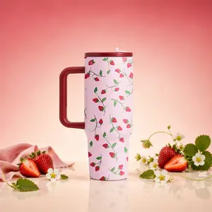 40oz Strawberry Floral Insulated Cup, Tumbler, Girl Style, Large Capacity, Double Layer Vacuum Stainless Steel, Leak-Proof, 12h Hot, 24h Cold, Summer Picnic, Office, Travel, Gift for Girls