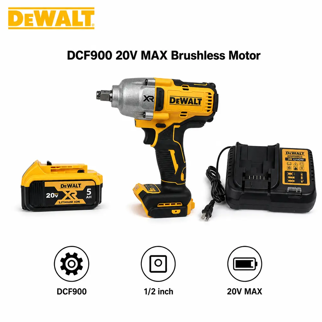DEWALT DCF900 20V MAX 1/2 Inch Hog-Ring Drive Brushless Impact Wrench, 760W Motor, Multi-Mode Torque Adjustment, 900Nm Fastening & 1400Ft-Lbs Breakaway Torque, For Automotive & Steel Construction Use