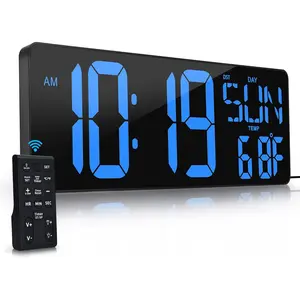 Large Digital Wall Clock with Remote Control 17.2" LED Large Display Timer with Temperature Date Week Auto DST Adjustable Brightness, Big Wall  Clock for Living Room Office Garage Gym Seniors