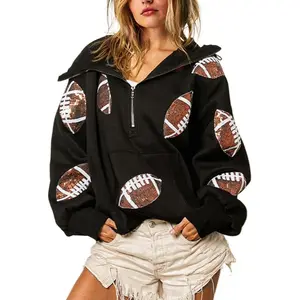 Women's Game Day Sweatshirts - Football Sequined Long Sleeve Zip-Up Hoodie with Cotton Material & Kangaroo Pocket