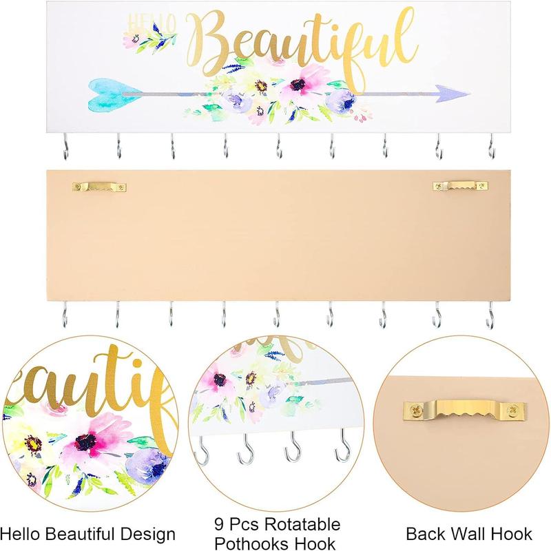 Jetec Hello Beautiful Wall Mount Jewelry Holder with 9 Hooks for Room Decorative Hair Bow & Earring Organizer Lightweight Wood & Metal Hooks 14x4 Inches Hangable Bracelet Display