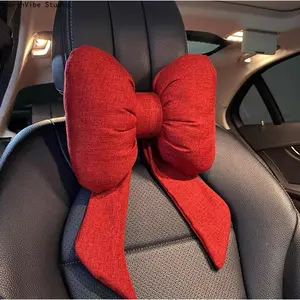 2026 Car Neck Pillow, Car Lumbar Pillow, 1 Count Solid Color Bowknot Headrest & Lumbar Support, Car Interior Decoration, Cozy, Car Seat Attachment