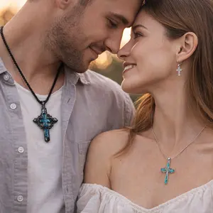 2PC Matching Cross Necklaces for Couples Best Friends - Natural Turquoise Inlay Thorn & Infinity Pendant Set - Soulmate Jewelry Gift with Floating Box