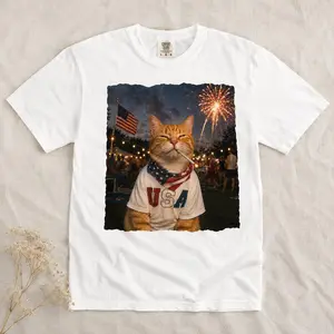 Funny Patriotic Orange Cat Shirt, USA Meme Tee, Vintage 4th of July Cat Graphic, America 250 Gift