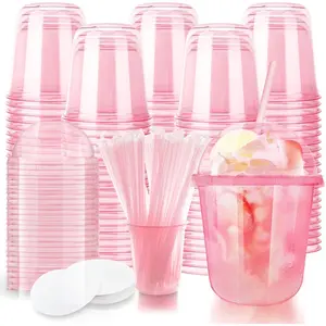 12oz Disposable Stemless With Dome Lids and,PET Disposable Drinking Cups,Clear Wine for Parties Birthday,Wedding,Meeting,Christmas Supplies (100, Pink)