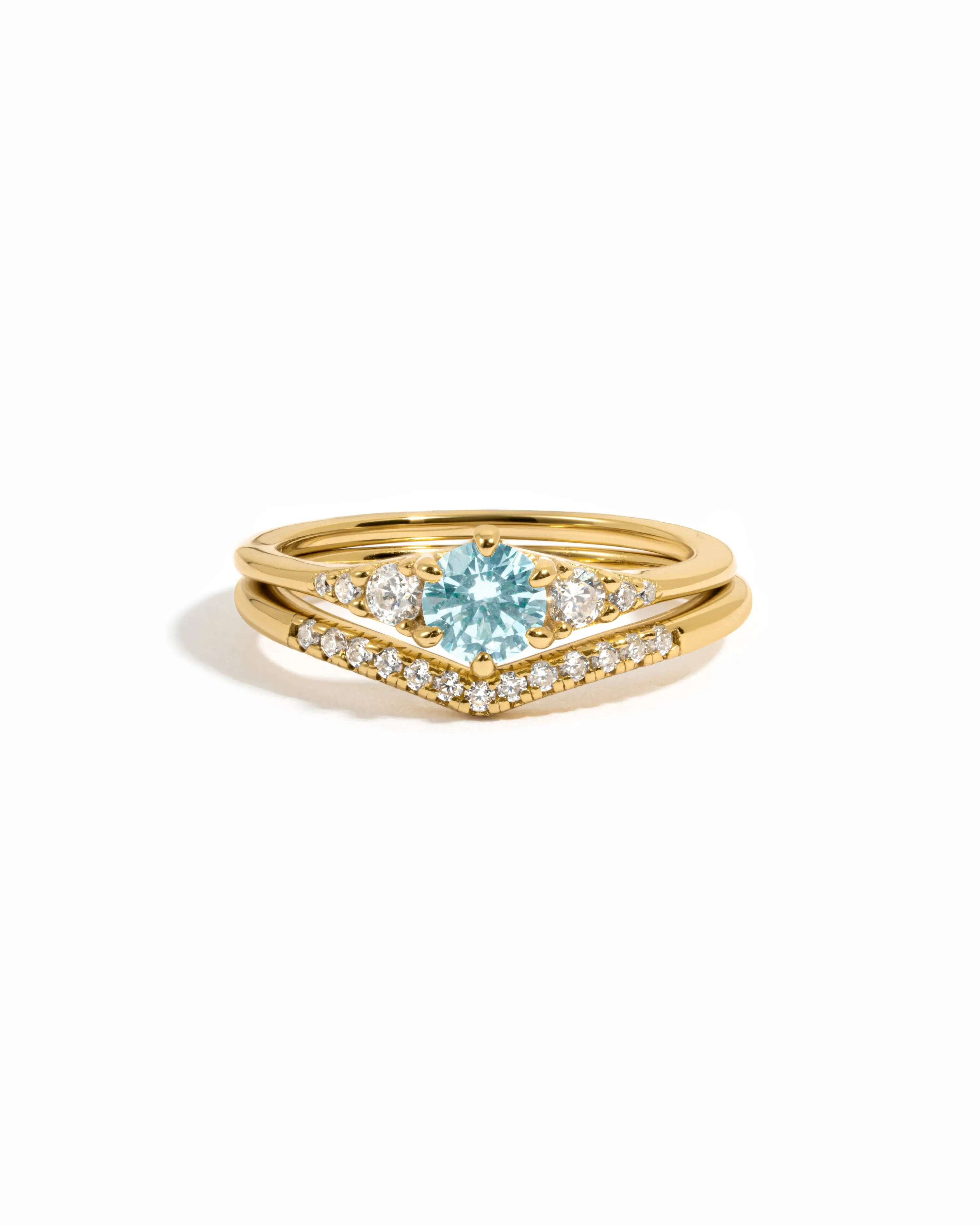 Dainty 7mm Stacking Ring Set with Aquamarine & CZ, 14kt Gold Plated 925 Sterling Silver Chevron Bands for Women, Hypoallergenic, Serenity, Courage, Eternal Love, Gentle On Sensitive Skin, Everyday Wear Jewelry, Round Aqua Gem, Nickel-Free Hypo, Highest Gr