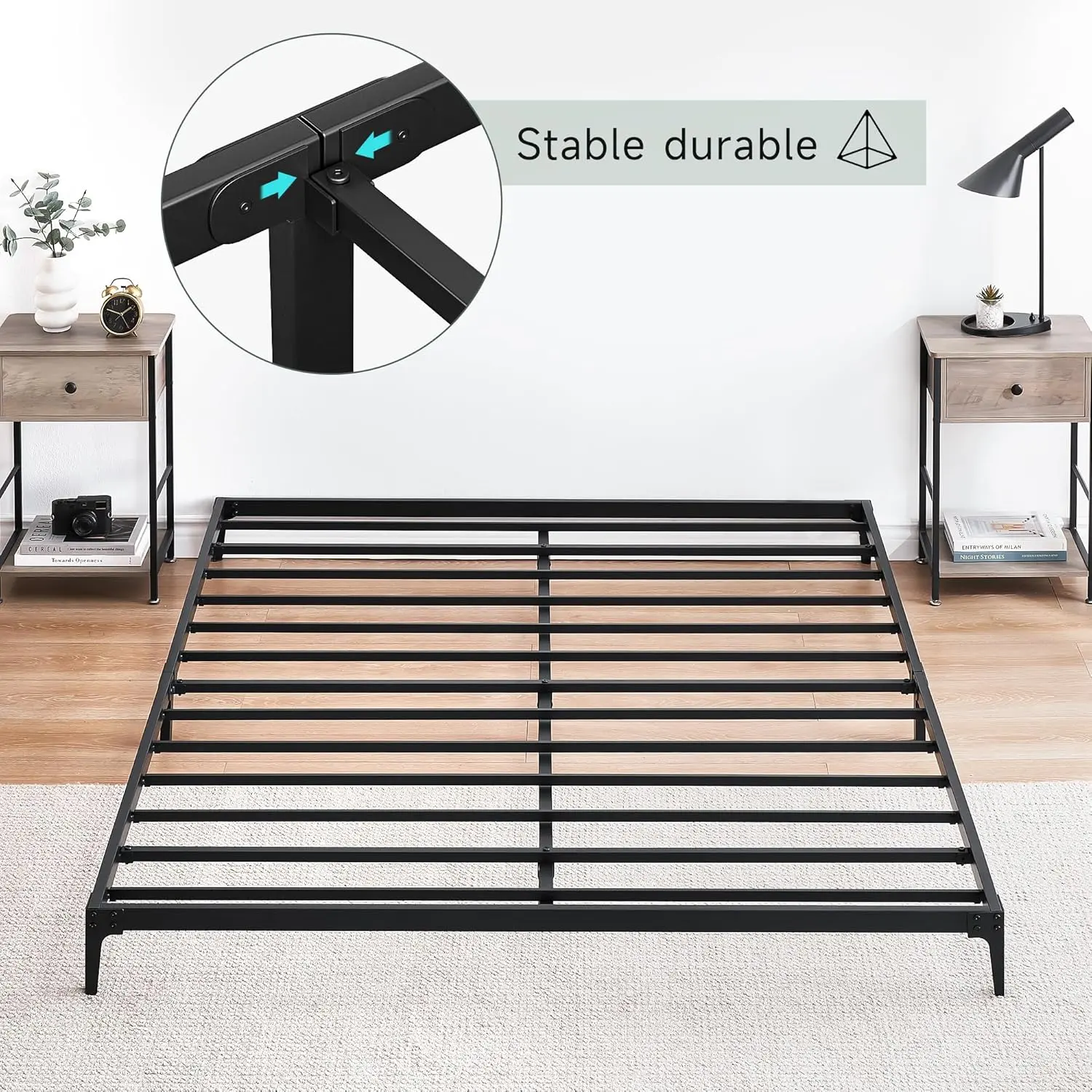 【Christmas Gift】Black Double Bed Twin Metal Platform Bed Frame with Heavy Duty Steel Slat Mattress, Noise Sturdy