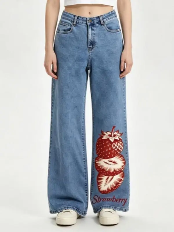 Vintage Strawberry Flare Jeans | DTG Direct Print Denim