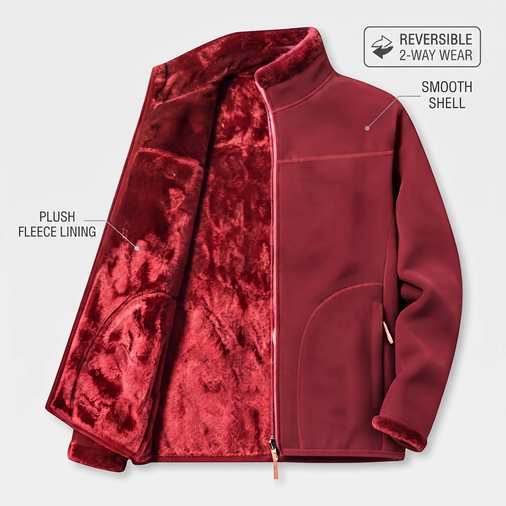 【JOGWAVE】Women’s reversible fleece jacket, comfortable fleece lining, full-zip winter outerwear, warm stand collar with pockets, double-sided fleece jacket