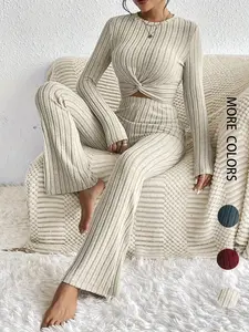 Women's Solid Ribbed Twist Tee & Flare Leg Pants Set, Elegant Fashion Casual Round Neck Long Sleeve Top & Trousers for Daily Outdoor Wear, Women's Clothing for Fall & Winter, Stretchy Outfit Sets