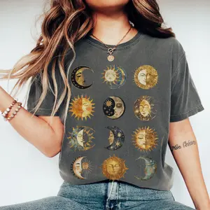 Comfort Colors Celestial Boho Suns and Moons T-Shirt, Vintage Whimsigoth Astrology Graphic Tee, Cosmic Witchy Celestial Aesthetic Tee, Mystical Moon Girl									