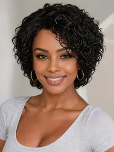 10 Inches Pixie Cut Human Hair Wigs Afro Rose Curly Funmi Style Glueless Wigs with Bangs Short Bouncy Curly Bob Wig For Black Women Daily Party Travel Wear #AprilWigs #SpringWigTrends #TikTokWigChallenge #NaturalHairWigs #GluelessWig #WigTok #BouncyCurlyB
