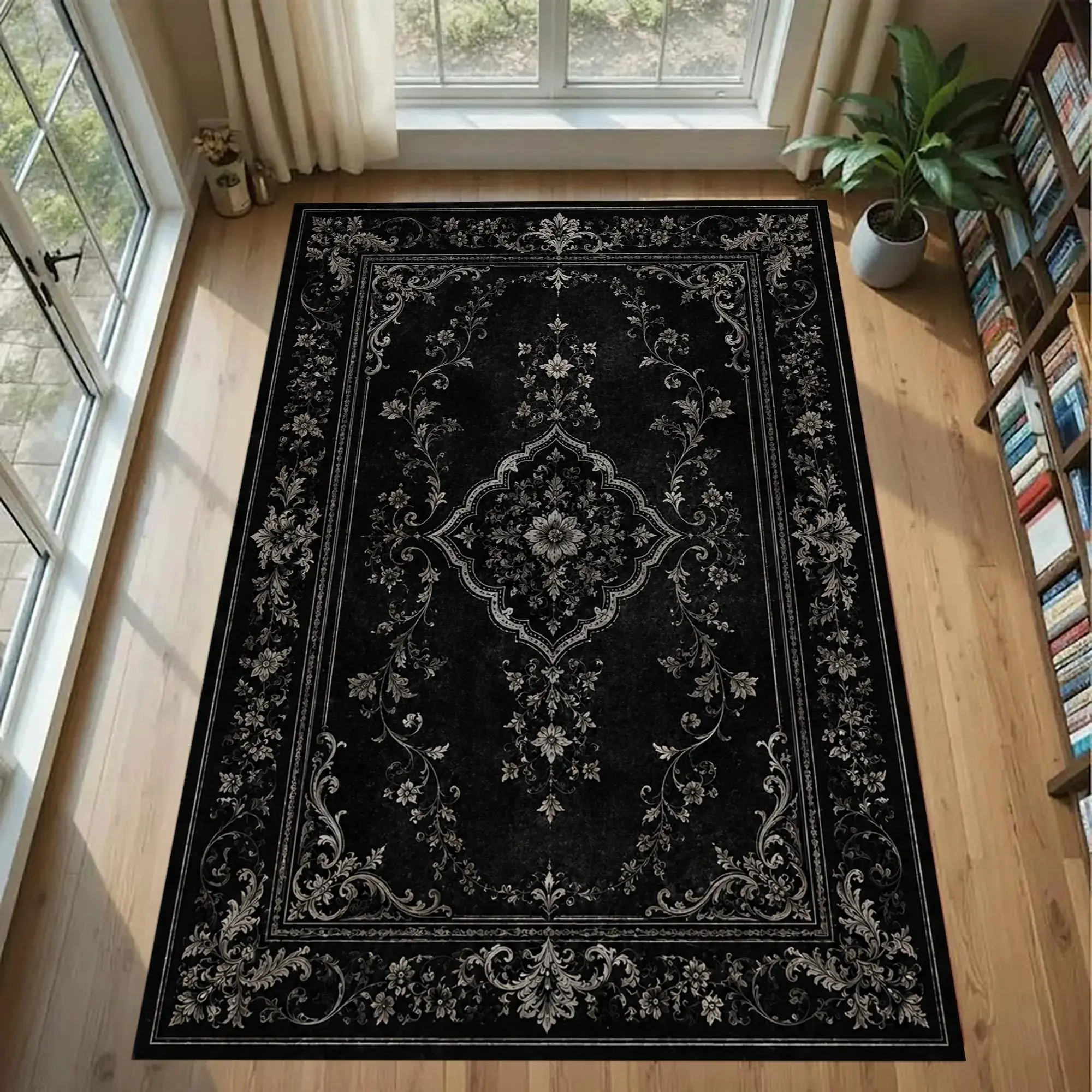 Gothic Floral Area Rug - Black Gray Baroque Carpet with Victorian Damask, Ornamental Botanical Medallion for Elegant Classic Home Decor