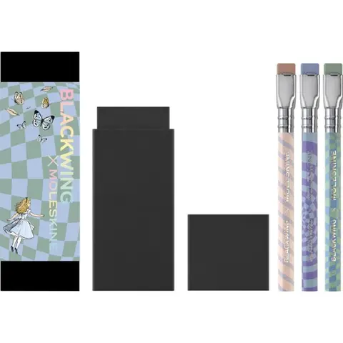 Moleskine x Blackwing Alice’s Adventures in Wonderland Limited Edition Collectible Set - 12-Piece Mini 11.2cm Incense-Cedar Wood Artist Quality Drawing Pencils, Firm Graphite, Refillable Erasers, Debossed Logo, Optical Illusions, Gift Boxed Assortment Kit