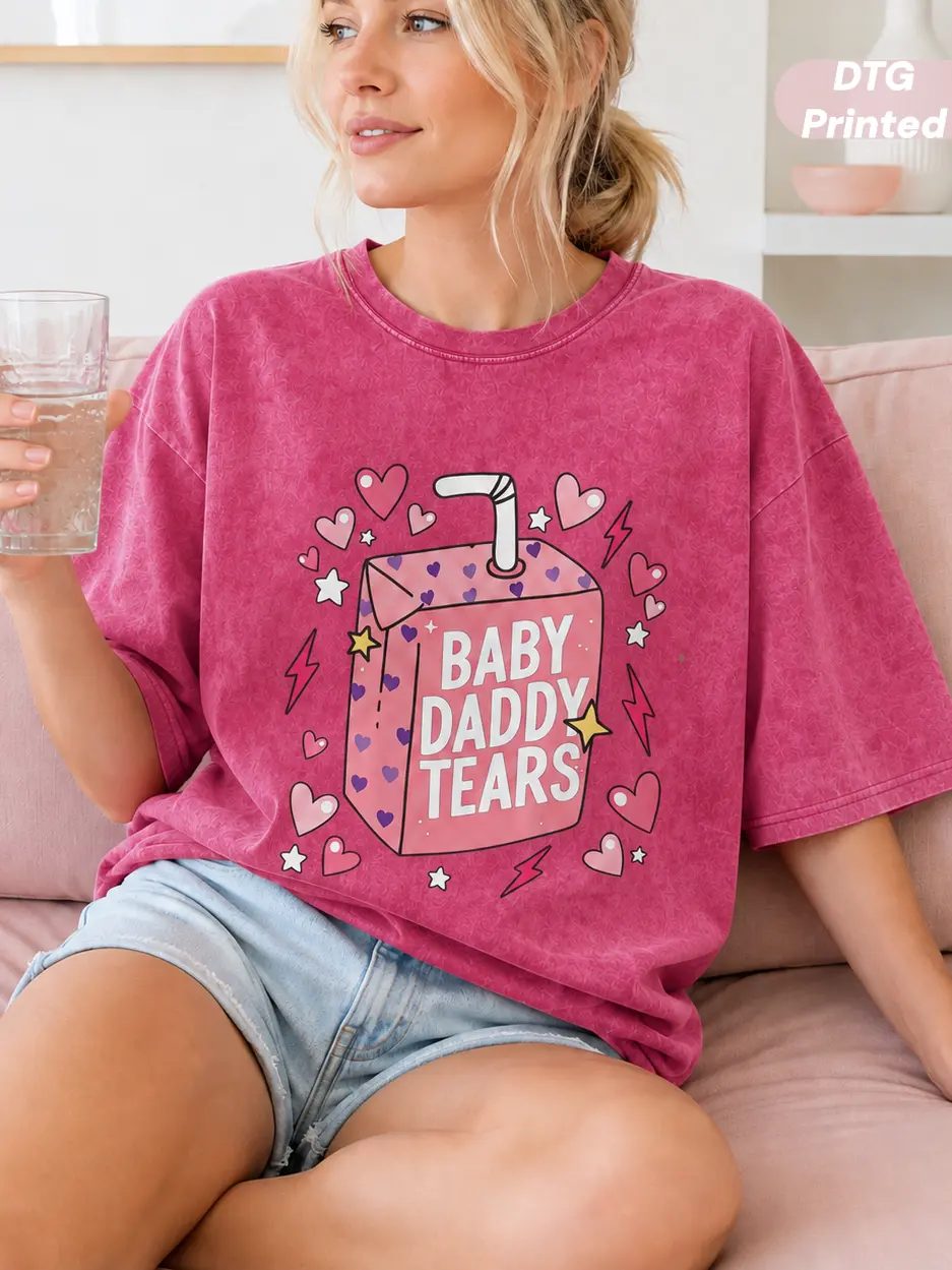 MUSEBEAU Baby Daddy Tears Love Heart Dad Is My Valentine DTG Printed T-Shirt 100% Cotton Vintage Washed Graphic T-Shirt, Loose-Fit Short-Sleeve Womenswear Top Baggy Retro Streetwear Soft Breathable, All Seasons,Everyday Wear,back to school shopping