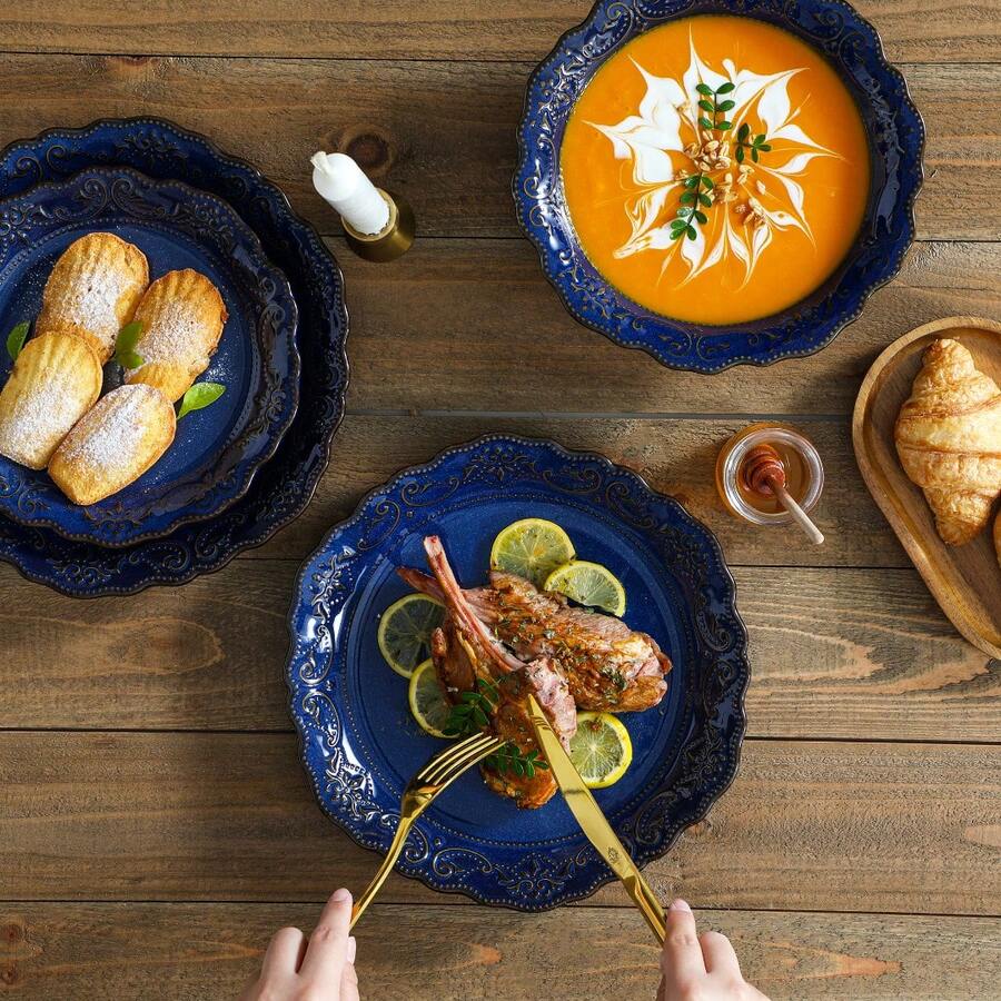 16 Piece Ceramic Dinnerware Sets, Kitchen Dinnerware, Blue Dinnerware With Bas-Relief Around The Edge, For 4 People, Dinner Plate, Dessert Plate, Bowl And Soup Plate