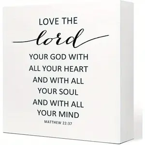 Inspirational Christian Wooden Box Sign Desk Decor, Matthew 22:37 Love the Lord Wood Block Sign, Religious Scripture Plaques Desk Decorations for Women Men 5x5 inch