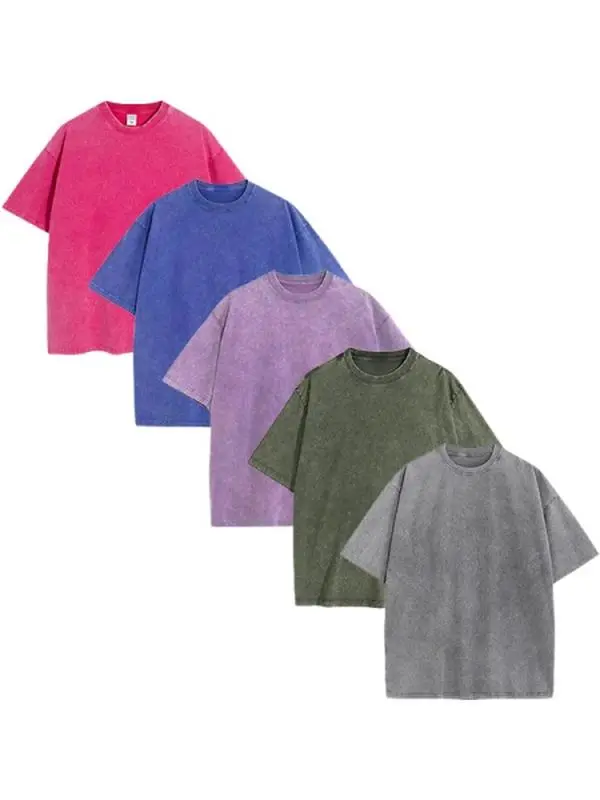 5 Pack Vintage Washed Oversized T-Shirts, 100% Cotton Drop Shoulder Crew Neck Tees, Mixed Color Pack with Neutral Solids & Bold Faded Shades, Unisex Grunge Streetwear Casual Tops