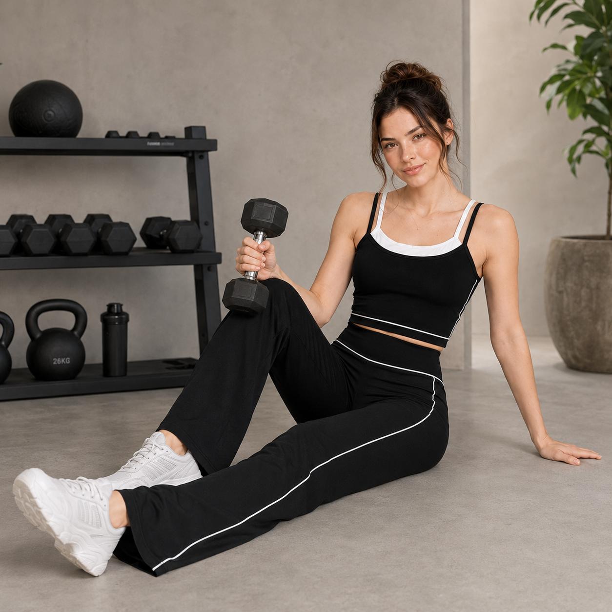 JOJOANS Women's Yoga Set 2 Piece Matching Outfit, Faux Twinset Built-In Bra Tank Top, High Waisted Wide Leg Pants with Pockets, Tummy Control Butt Lifting Stretch Workout Athleisure Lounge Set for Gym Travel Summer