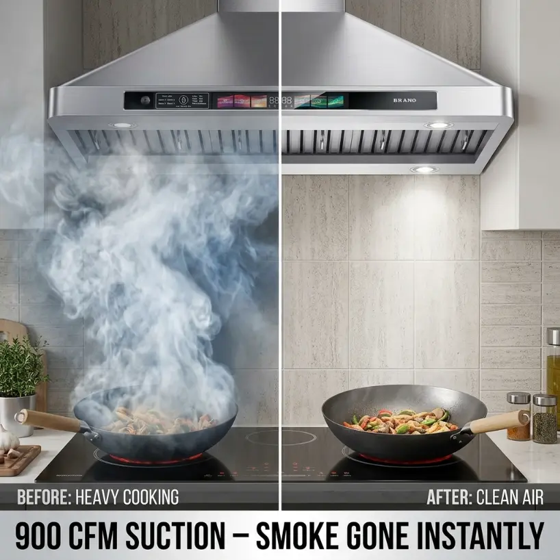 36-Inch High-Power Rectangular Wall Mount Range Hood, 900+ CFM Flow Fast Ventilation, Smart Voice & Gesture Control, Efficient Smoke Capture
