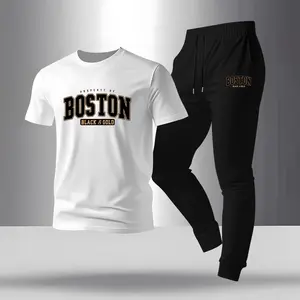 Men's Boston print T-shirt and drawstring belt sweatpants two-piece set, regular fit crew neck short-sleeved T-shirt and jogging pants, summer casual top and sweatpants.