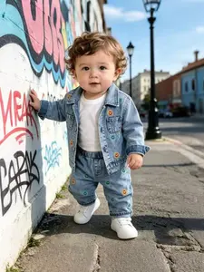 Unisex infant suit (6 months-3 years), boys and girls spring and autumn clothes, baby boys summer two-piece set, lapel coat matched with elastic waist long pants, fun daily casual wear, suitable for picnic and playing