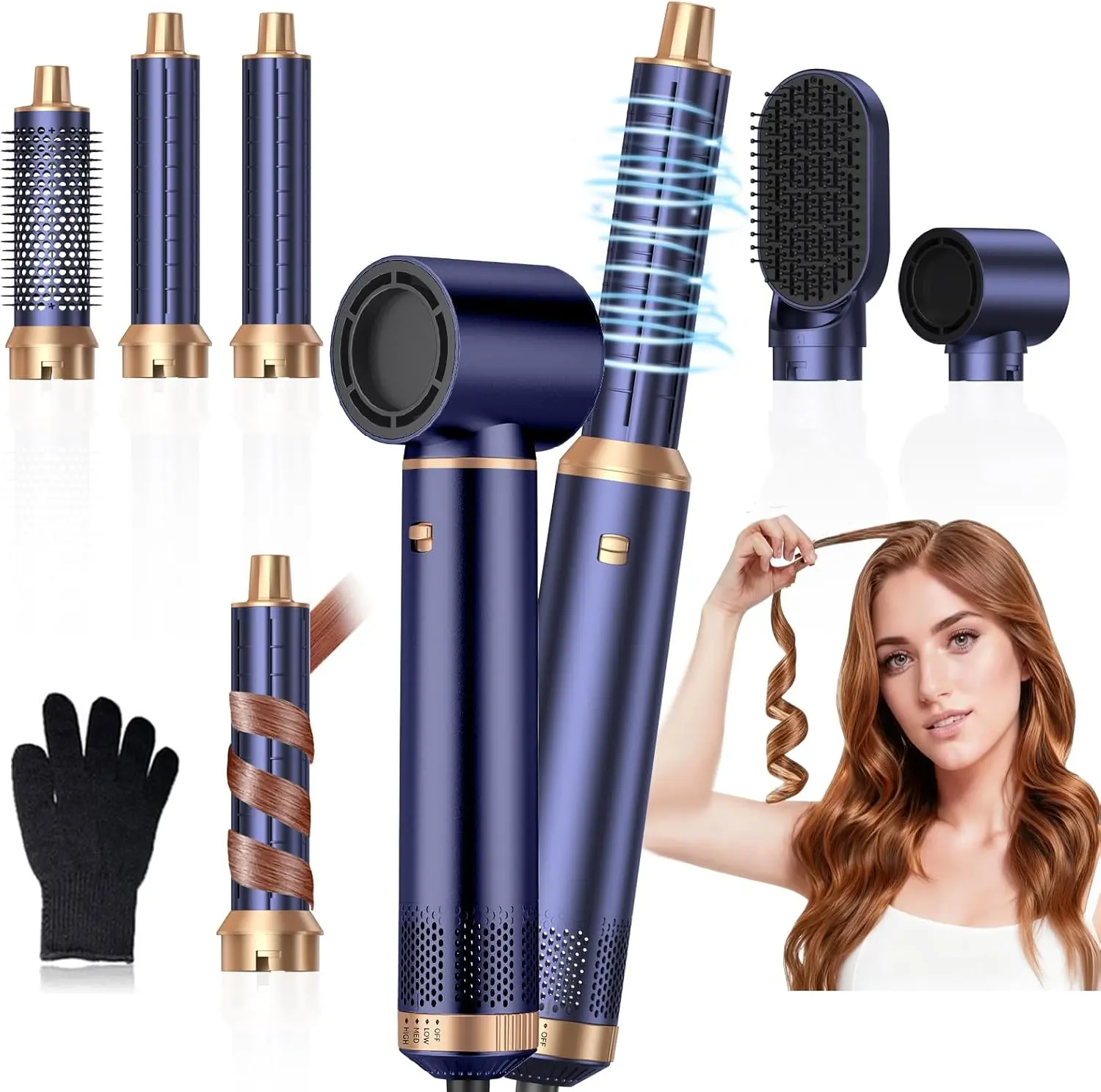 Women's 5-in-1 Blow Dryer Set with Handle - Detachable Hot Air Styler, Auto Wrap Curling Iron, Smoothing Tool & Round Volumizer for All Hair Types Handle