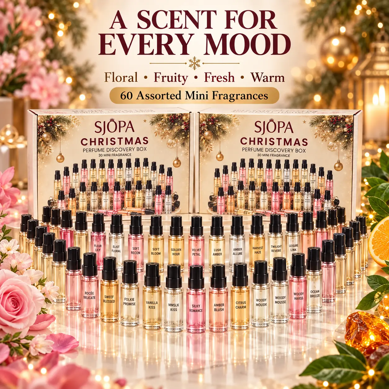 60PCS Christmas Mini Perfume Discovery Set for Women, 2 Gift Boxes with 30 Assorted Fragrance Sprays Each, Floral Fruity Fresh & Warm Scents, Travel Size Perfume Collection, Holiday Stocking Stuffers & Gift Set