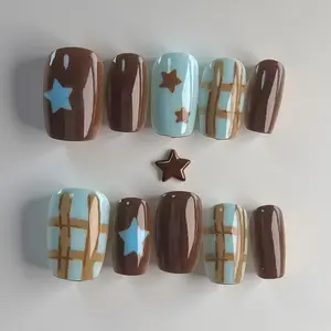 10-Piece Y2K Short Square Nail Stickers, Marbled Star Pattern, Coffee & Mint Blue, Daily Commute Party Date Suitable