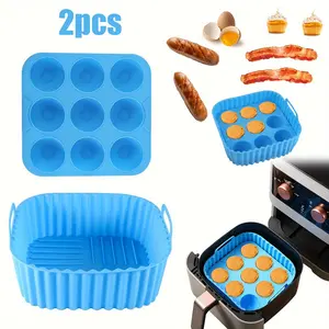 2pcs Reusable Silicone Air Fryer Liners & Muffin Pan, Non-Stick Baking Trays with Cupcake/Square Molds, Easy Release & Clean, Compatible with Mini Quiche