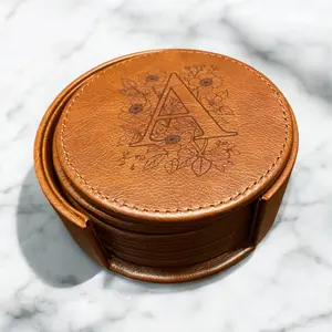 Set of 6 Leather Coasters with Holder - Custom Monogram Single Letter with Flowers, Laser Engraved Gift Set