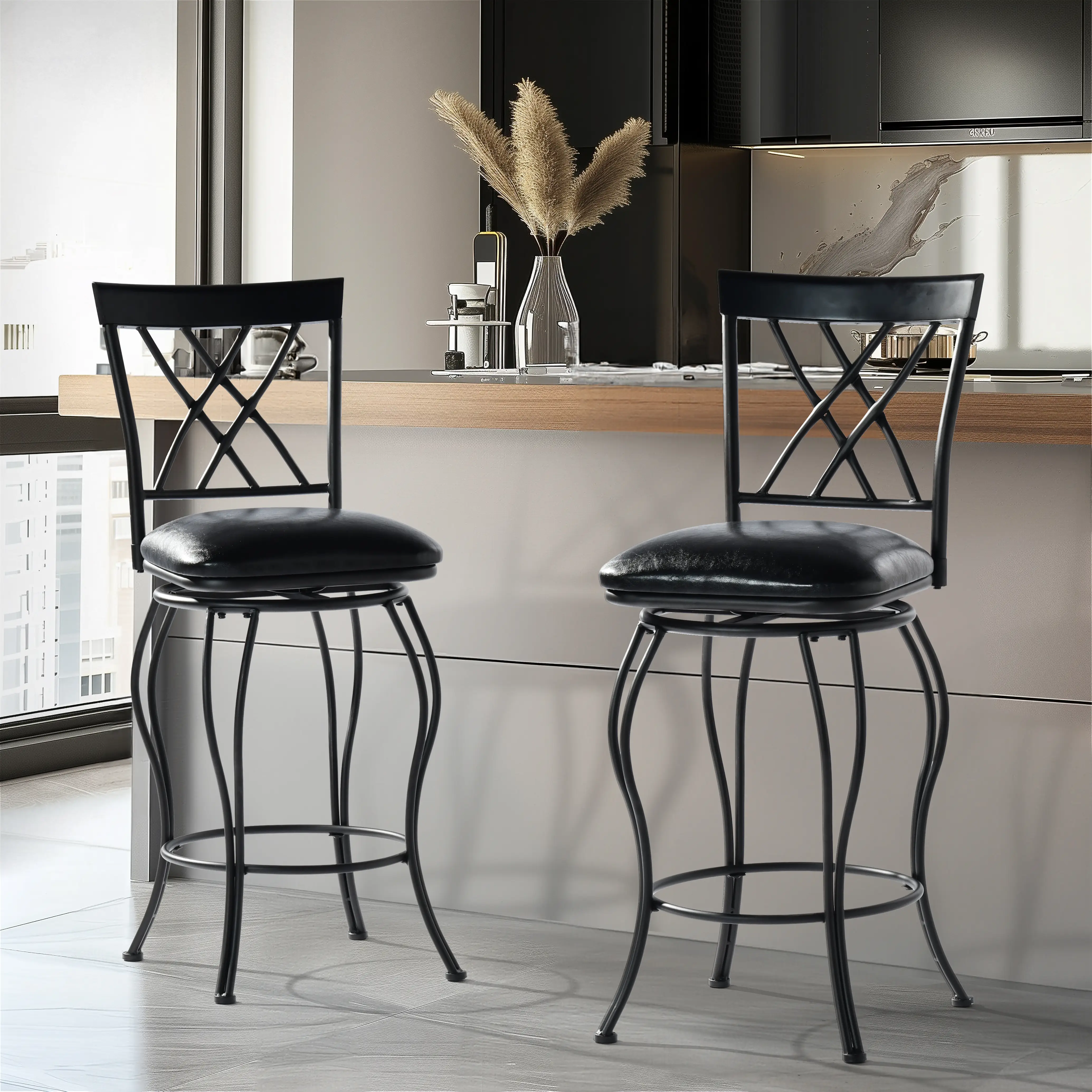 Homy Casa Barstools Set of 2 Black Swivel Barstools with Back, Faux Leather, Kitchen Counter Height Armless Bar Chairs with Metal Legs - Design