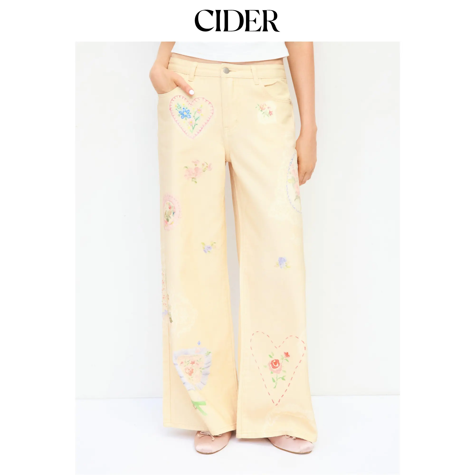 Cider Denim Low Rise Floral Applique Metal Detail Wide Leg Jeans, Trouser, Bottom, Pants, Women, Bottoms, Casual Wear, Cute Jeans, Medium Wash Jeans