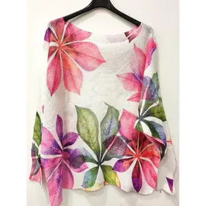White Leaves floral Pink green Round Knit Printed Sweater