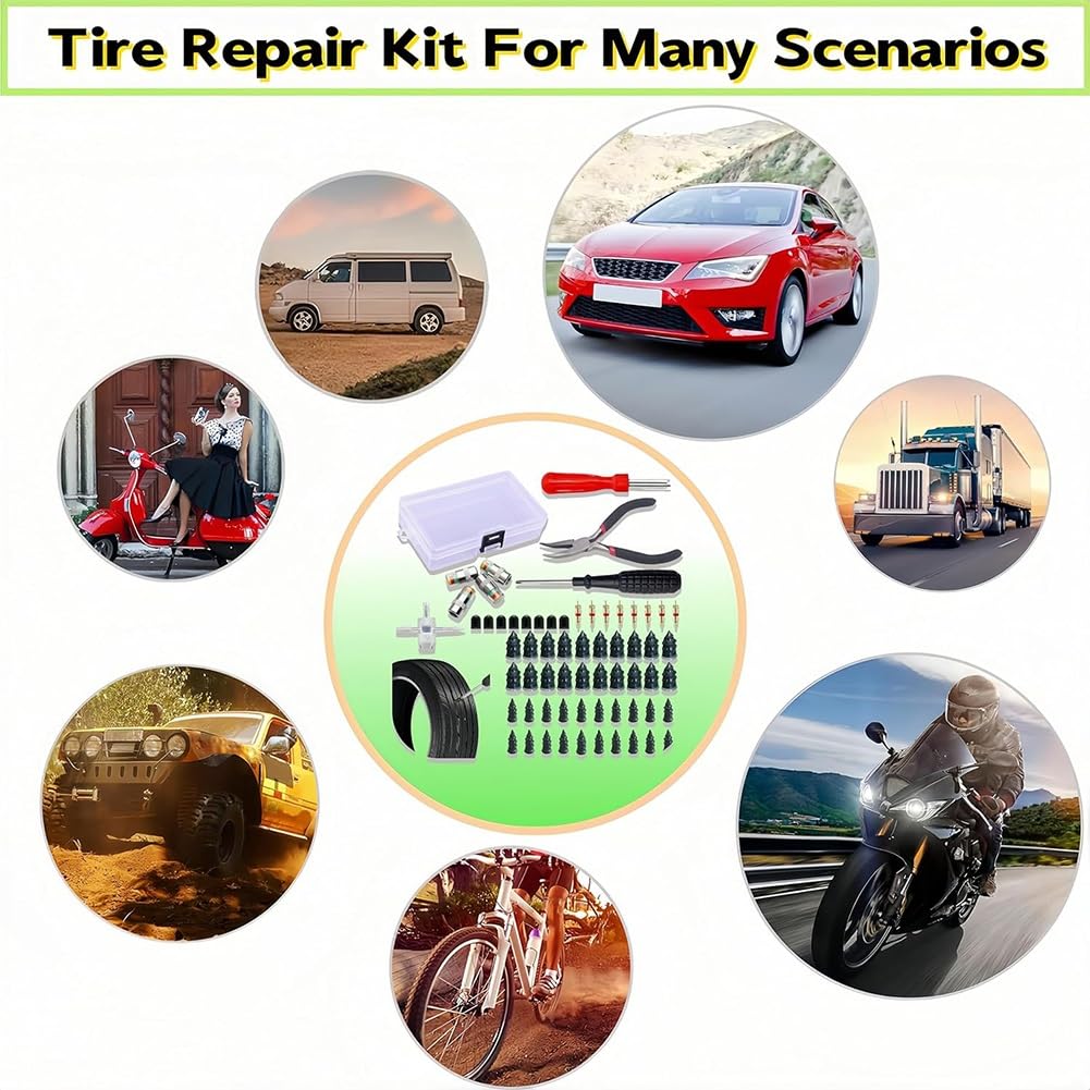 60PCS Tubeless Rubber Nails for Motorcycle Car Scooter Bike Vacuum Tire Repair Kits Spiral Fast Tool Easy Installation Puncture Repair Accessories