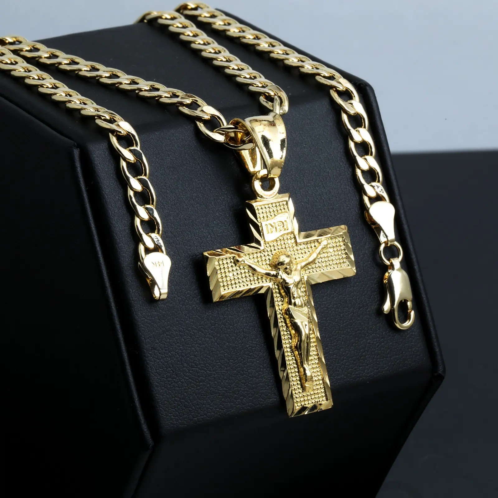 MaxBling81 Brass Gold-Plated INRI Jesus Crucifix Pendant Charm with 6mm 14K Stamped Miami Cuban Chain Necklace, Available in 20" or 24" Lengths, High-End Religious Fashion Jewelry