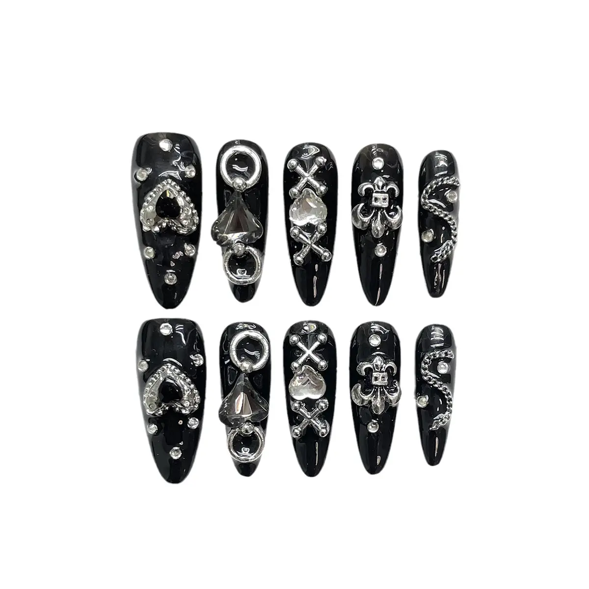 Gothic Black Long Stiletto Press-On Nails - 10PCS Handmade Reusable Acrylic Artificial Set False Nails & Accessories, S/M/L Sizes, Silver Black Metal & Crystal Decorations, Edgy Glam for Concerts & Parties, Edgy Glam For Concerts And Parties